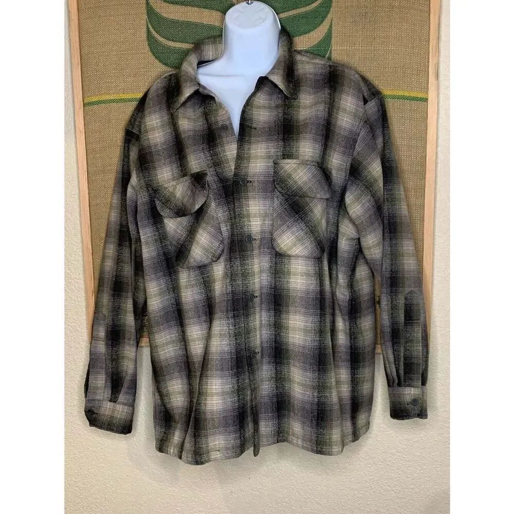 Vintage Pendleton Board Shirt 100% Virgin Wool Gray Plaid Flannel Size L